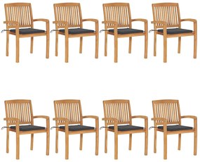 vidaXL Cadeiras de jardim empiháveis c/ almofadões 8 pcs teca maciça