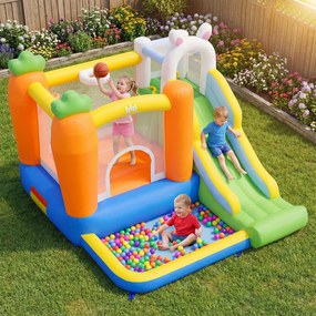 Castelo insuflável infantil com tema de coelho Com soprador de 550 W, com escorrega, piscina de bolas, parede de escalada, saco de transporte, para cr