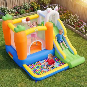Castelo insuflável infantil com tema de coelho Com soprador de 550 W, com escorrega, piscina de bolas, parede de escalada, saco de transporte, para cr