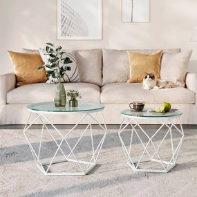 Conjunto de 2 mesas de sala de estar modernas em branco e transparente