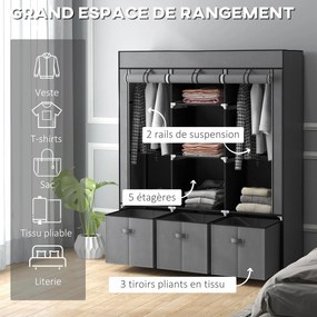 Guarda Roupa dobrável em tecido com 5 prateleiras, 2 varões e 3 gavetas em tecido 125 C x 43 L x 162,5 A cm Cinzento