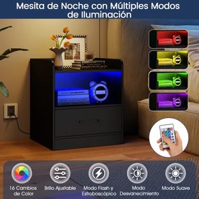 Mesa de cabeceira LED multicolorida 44,5 x 40 x 50 cm Mesa apoio com prateleira e gaveta Comando à distância para sala de estar e quarto Preto