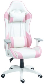 HOMCOM Cadeira Gaming Reclinável com Almofada Lombar Apoio de Cabeça Basculante e Altura Ajustável 67x60x120-128 cm Branco e Rosa