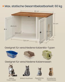 Móvel para caixa de areia 80 x 50 x 50 cm com portas de abertura por pressão e casinha para gatos Branco vintage - Castanho mel