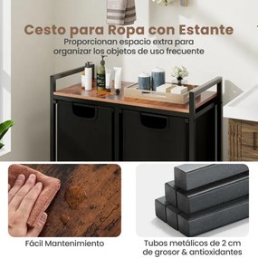 Organizador Cesto para roupa de casa de banho de 2 secções 80L com estrutura metálica e forros amovíveis divididos amovível Castanho