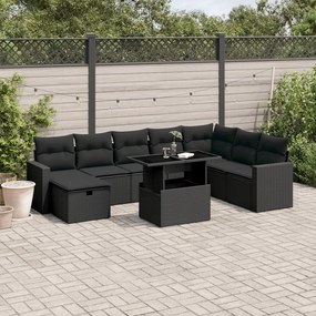 9 pcs conjunto de sofás p/ jardim c/ almofadões vime PE preto