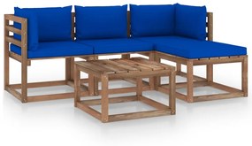 5 pcs conjunto lounge p/ jardim c/ almofadões azuis