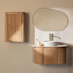 Conjunto De Móvel De Casa De Banho Suspenso 90x50 Cm Em Madeira Carsone Madeira Natural & Madeira Natural & Cerâmica Redonda Riscas - Sklum