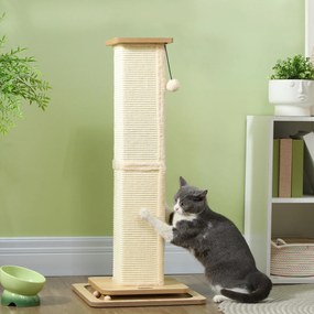 Poste Arranhador para Gatos 87 cm Arranhador para Gatos com Bola Suspensa Trilho com Bola e Poste de Sisal Bege e Madeira