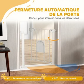 Barreira de segurança para animais com porta de fecho automático e sistema de duplo bloqueio, em aço branco