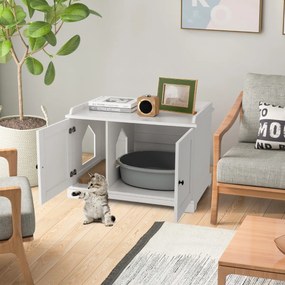 Mesa auxiliar para caixa areia gatos (NÂO INCLUIDA) 75 x 51 x 53 cm com divisória ajustável e tabuleiro para arranhar Branca