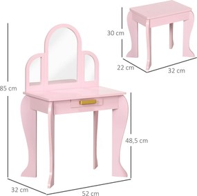 Toucador para Crianças com Espelho e Banco Toucador de Maquilhagem para Crianças de 3 a 6 Anos 52x32x85 cm Rosa