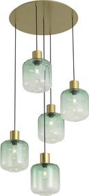 Candeeiro suspenso Hotel Chic latão com vidro azul e verde 5 luzes - Qara