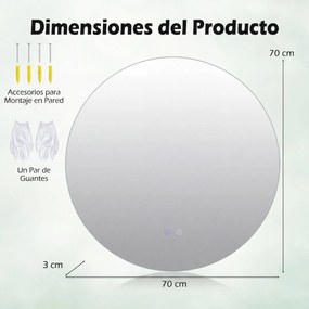 Espelho redondo LED de 70 cm com luz; espelho de casa de banho para montagem na parede com intensidade de luz ajustável e controlo tátil