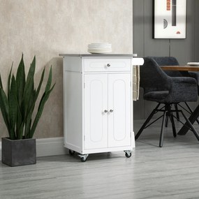 Carrinho de cozinha 60 L x 45 P x 85 A cm com rodas e vários compartimentos: 1 gaveta, armário de 2 portas com prateleira para panos de cozinha, em MD