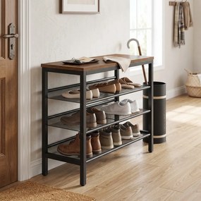 Sapateira com 3 níveis em estilo industrial 28 x 75 x 50 cm castanho-escuro e preto