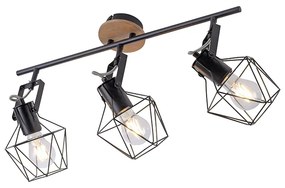 Luminária Industrial Preto com Madeira 3 Luzes - Sven Industrial
