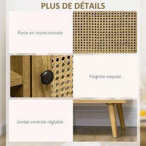 Aparador com armário alto com acabamento em imitação de madeira e design em vime, com 2 portas - dim. 90 x 32,5 x 120 cm