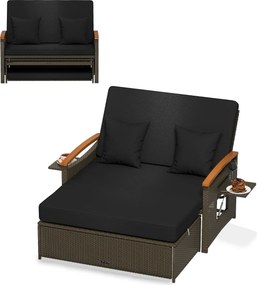Sofá-cama de rattan para exterior com apoio para os pés com arrumação Encosto ajustável em 4 níveis e tabuleiros laterais retrácteis Castanho/preto