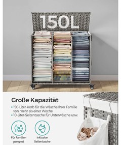 Cesto roupa suja com 3 compartimentos 160 Litros 70 x 36 x 66 cm cinzento