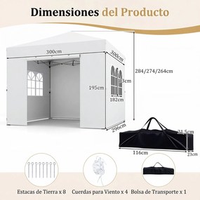 Tenda de Jardim Dobrável feiras, eventos, festas, 300 x 300 x 284 cm, 4 Paredes Removíveis, Branco
