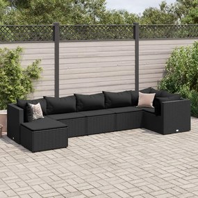 7 pcs conjunto lounge de jardim c/ almofadões vime PE preto