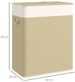 Cesto de Roupa com Tampa 100L de Bambu com 2 Compartimentos Bolsa Interior Amóvivel 52x32x63 cm Bege e Creme