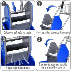 Balde de esfregona comercial com escorredor de rodas e capacidade de cestos de 26 L azul