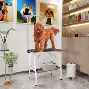 Mesa de tosquia para cães 90 x 60 x 76 cm, dobrável, com tabuleiro antiderrapante em borracha e 2 correias, preta