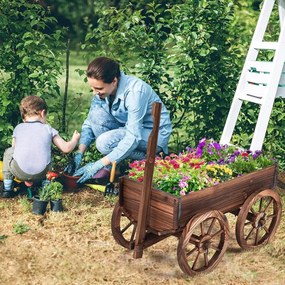Carrinho floreira de madeira 75 x 43 x 53,5 cm para exteriores decorativo para jardim para plantas com 4 rodas e alça Castanho