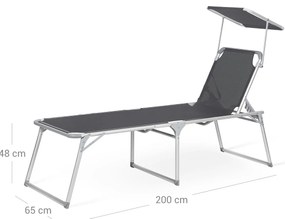 Espreguiçadeira jardim grande XXL 65 x 200 x 48 cm carga até 150 kg com pala de sol Cinzento
