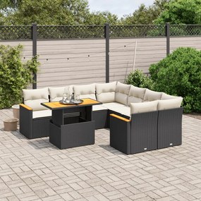 9 pcs conjunto de sofás p/ jardim c/ almofadões vime PE preto