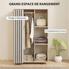Guarda roupa móvel com 4 Rodas 80 x 40 x 128 cm, varão para roupa e prateleiras, , com acabamento em cor madeira natural