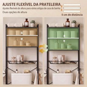 Móvel para Sanita de 3 Níveis com Porta-Rolos Prateleiras Ajustáveis Cesto Amovível e Ganchos Castanho Rústico