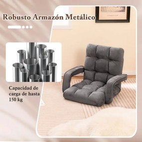 Cadeira de chão para adultos com apoio para as costas rebatível ajustável em 6 posições com apoios de braços cinzenta