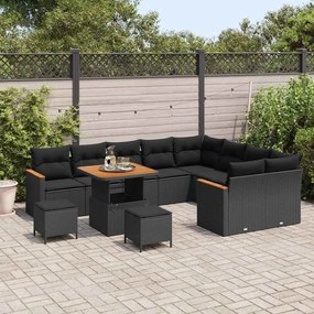 Conjunto de Sofá de Jardim vidaXL com Almofadas Preto Rattan Poliéster