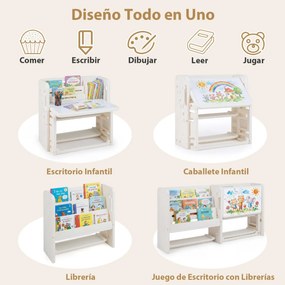 Conjunto de secretária e cadeira infantil com estantes laterais, cestos de arrumação, quadro branco apagável e estantes abertas para crianças a partir
