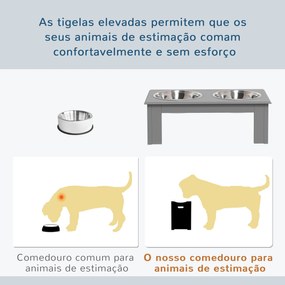 Comedouro Elevado para Cães com Suporte e 2 Tigelas Amovíveis de Aço Inoxidável 44x24x15 cm Cinza