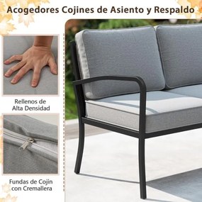 Conjunto de sofá de canto para jardim de 3 peças Sofá em forma de L com mesa de café Estrutura metálica e assento em malha acolchoada Cinza, Preto