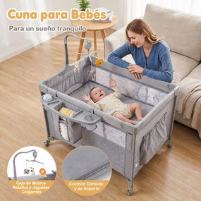 Berço Portátil Multifuncional, 110 x 76 x 77 cm, Dobrável com Muda-fraldas, Cinzento-claro