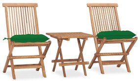 vidaXL 3 pcs conj. jantar dobrável exterior c/ almofadão teca maciça