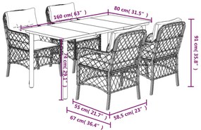 5 pcs conjunto de jantar p/ jardim com almofadões vime PE bege