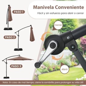 Guarda-sol 300 x 260 cm com base, iluminação LED, 9 modos, ajuste fácil da inclinação, rotação de 360° Café