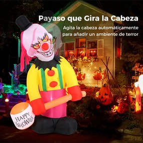 Palhaço Insuflável de Halloween, 180 x 240 cm, Cabeça Rotativa e Iluminação LED, Multicolor