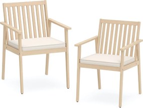 Conjunto 2 Cadeiras de Jantar jardim Madeira Acacia Almofada Removível Apoio de Braços Natural e Branco