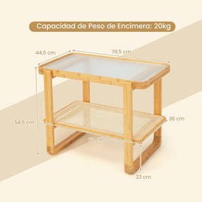 Mesa lateral de bambu de 2 camadas com prateleira de vime PE com tampo de vidro para sala de estar, quarto 70,5 x 44,5 x 54,5 cm natural