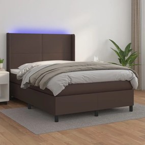 vidaXL Cama box spring c/ colchão/LED 140x200 cm couro artif. castanho