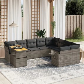 10 pcs conjunto sofás de jardim c/ almofadões vime PE cinzento