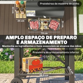 Grelhador a Carvão Portátil Móvel com Prateleiras Dobráveis Termómetro Tampa Ventilações Ajustáveis 109x71x98 cm Preto