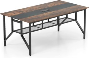 Mesa retangular para reuniões 180 x 96 x 76 cm (CADEIRAS NÃO INCLUIDAS) com prateleira de malha e passagem de cabos para 6-8 pessoas Preto + Castanho